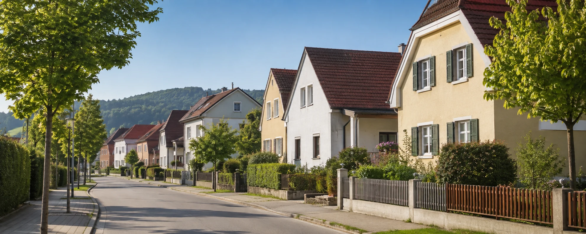 Helle Straße mit gewöhnlichen Wohnhäusern in einer österreichischen Ortschaft