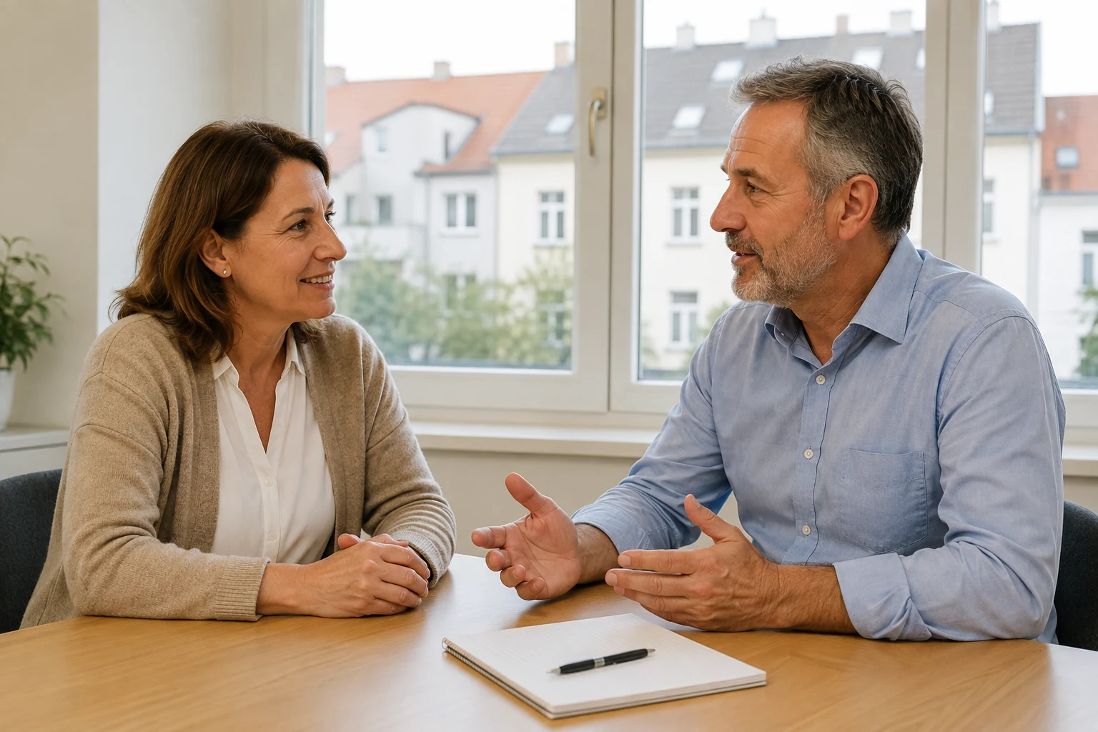 Berufserfahrene Frau im persönlichen Gespräch über eine mögliche Mitarbeit im Immobilienverkauf