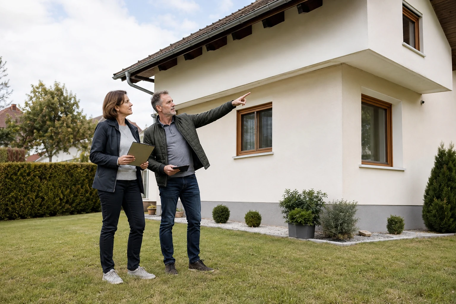 Zwei Immobilienmitarbeiter betrachten Fassade und Garten eines Wohnhauses